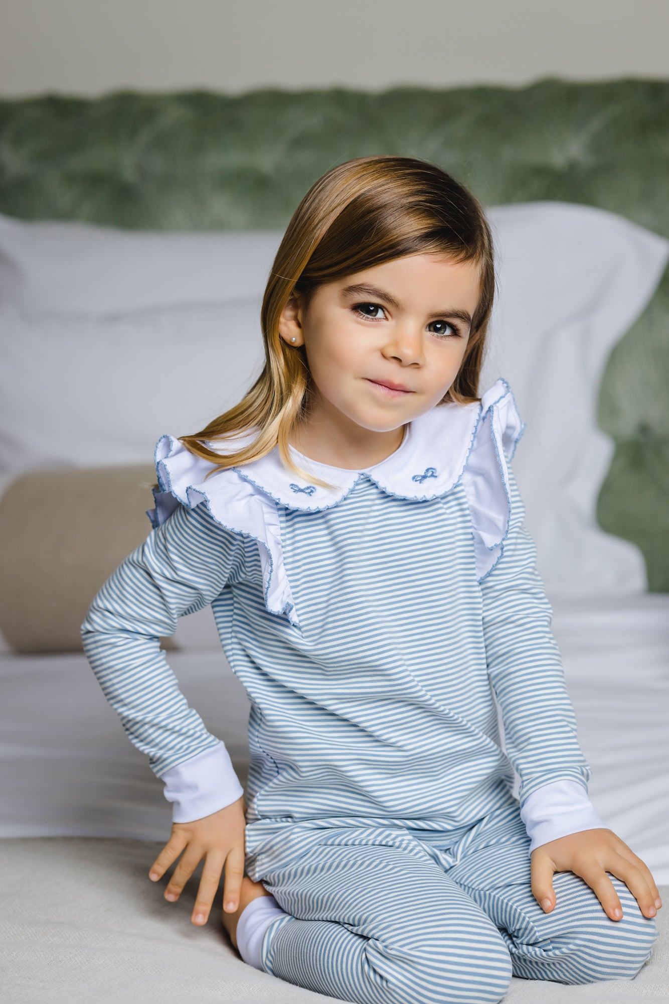 Elfes Striped Ruffle Pajama Set | Blue