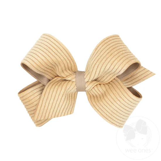 Medium Grosgrain Hair Bow with Wide Wale Corduroy Overlay | Tan