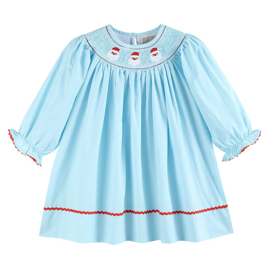 Blue Santa Smocked Bishop Dress