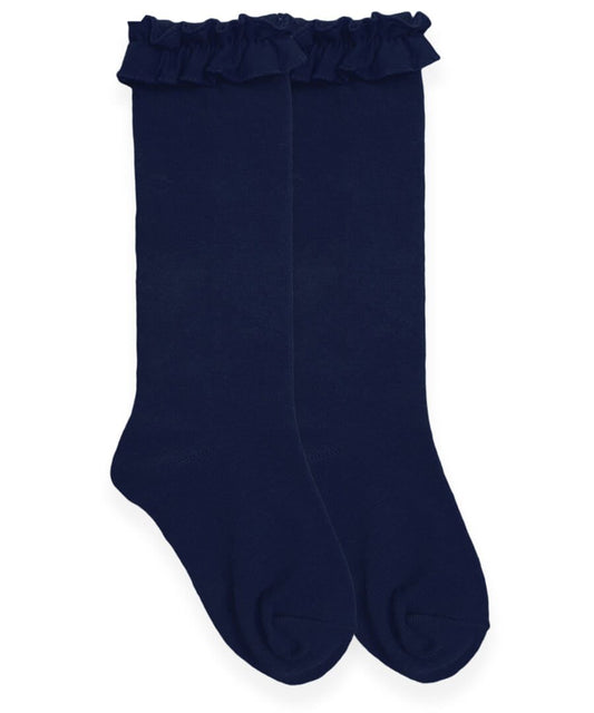 Ruffle Knee High Socks | Navy