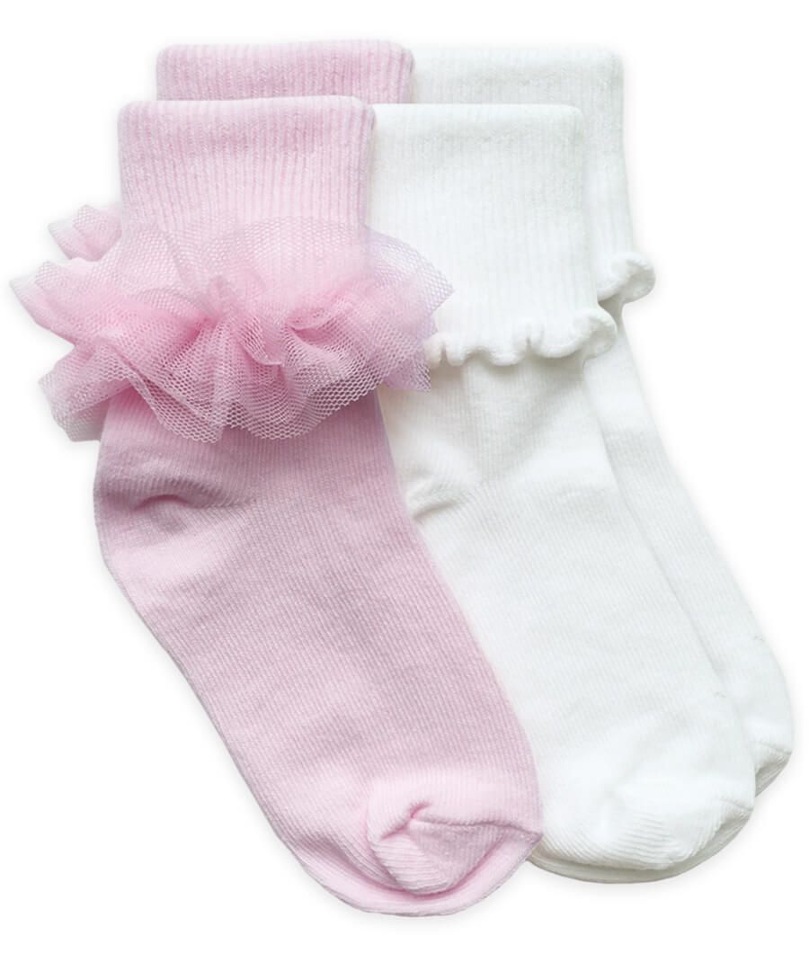 Ruffle Lace & Ripple Edge Turn Cuff Socks 2 Pair Pack | Pink/White