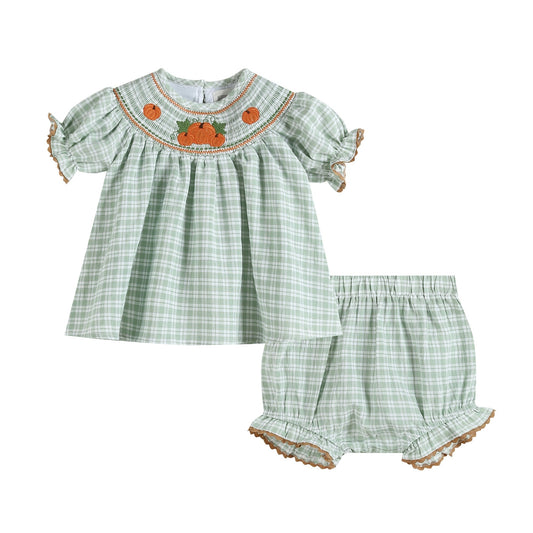 Sage Green Plaid Pumpkin Smocked Top/Bloomer Set