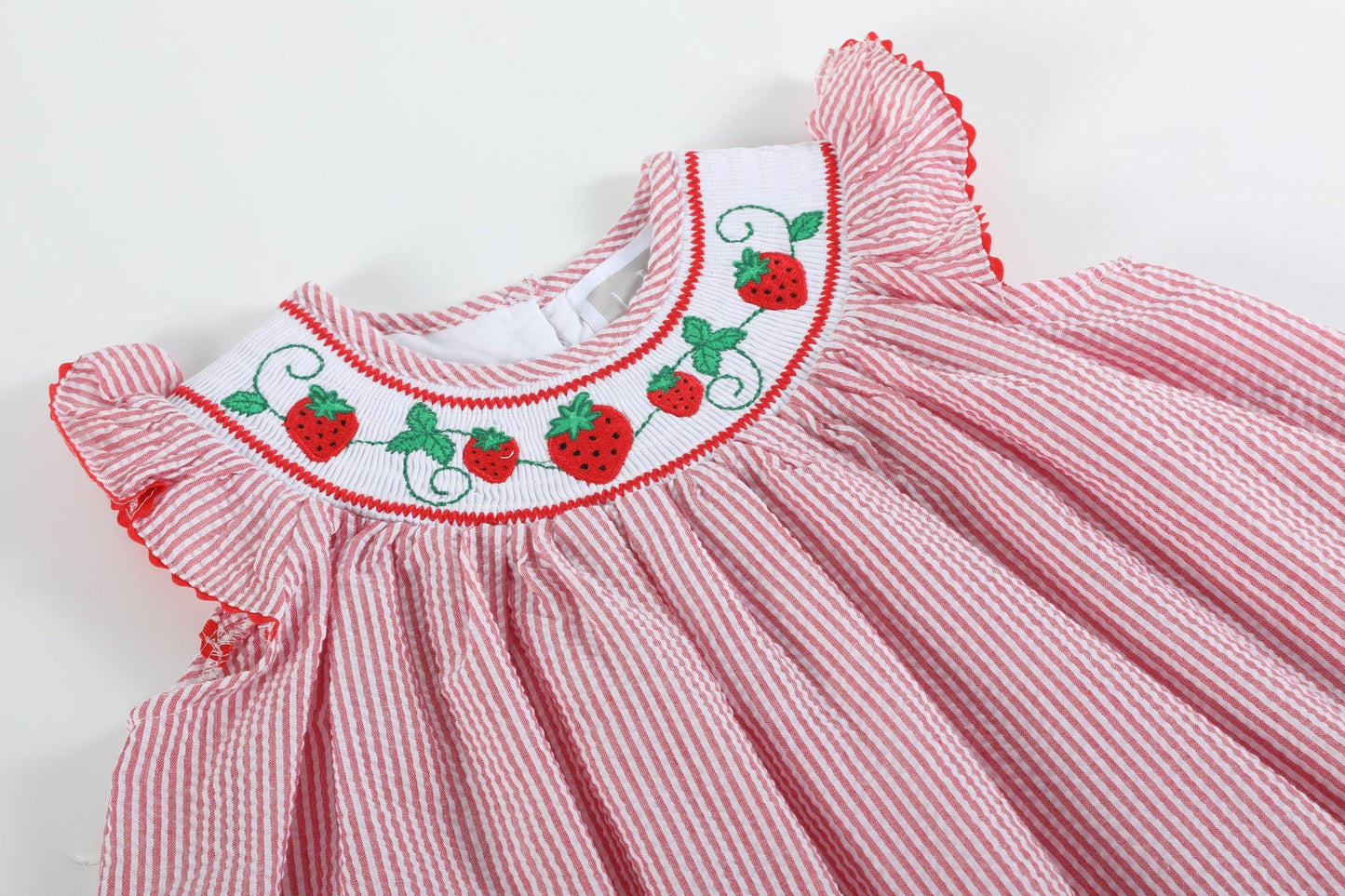 Seersucker Strawberry Smocked Bishop Dress