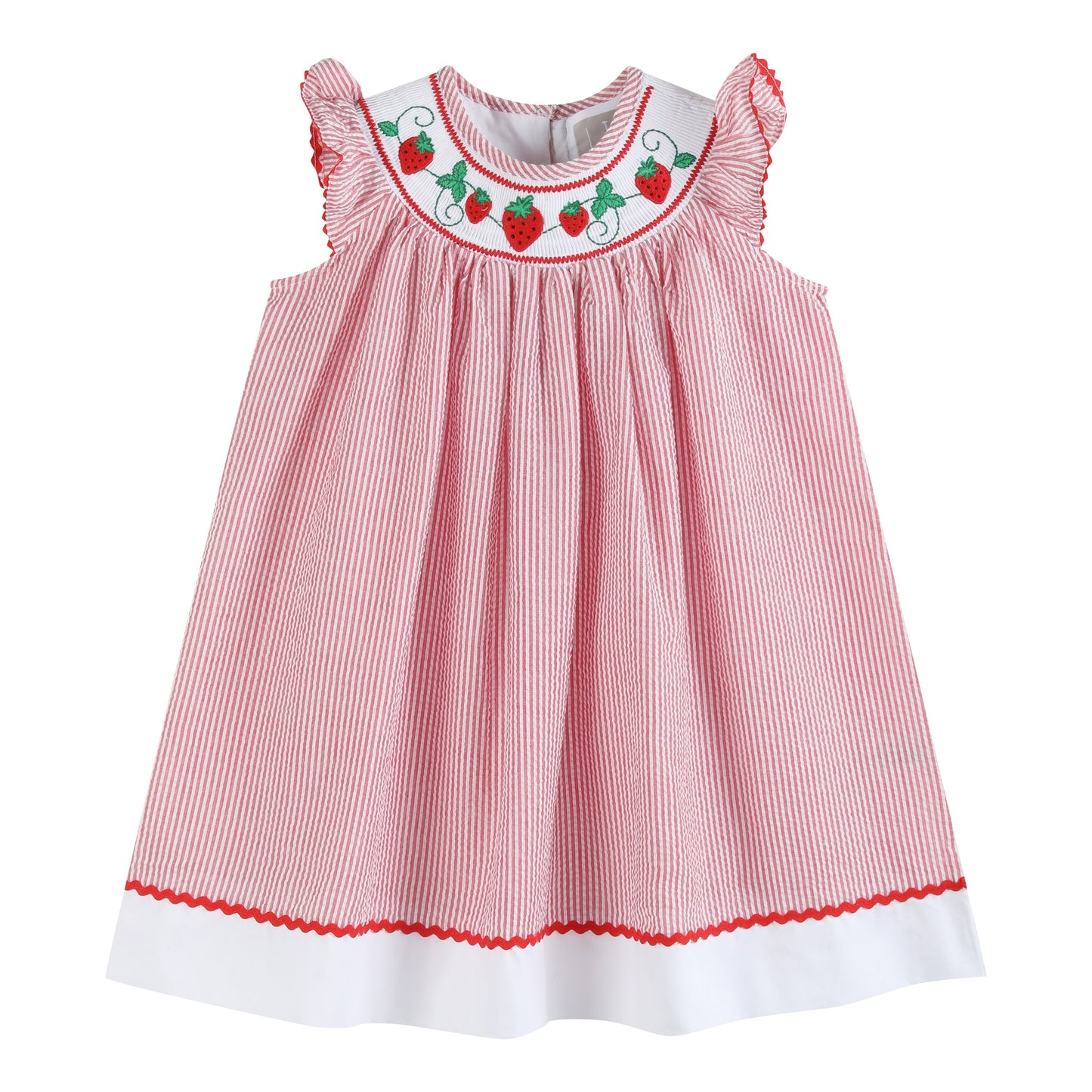 Seersucker Strawberry Smocked Bishop Dress