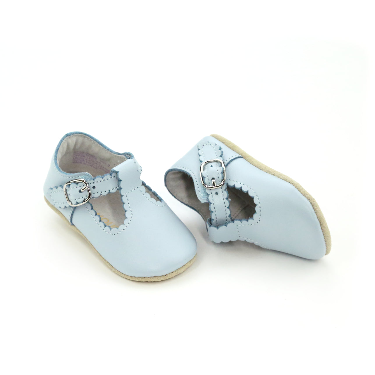 Elodie Girls Scalloped T-Strap Mary Jane Crib Shoe (Infant) | Light Blue