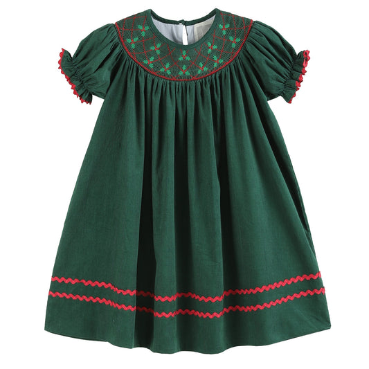 Christmas Mistletoe Smocked Bishop Dress | Green