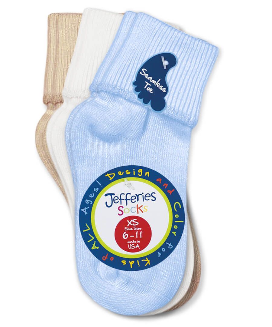 Smooth Toe Turn Cuff Socks | 3 Pair Pack | Blue+White+Tan