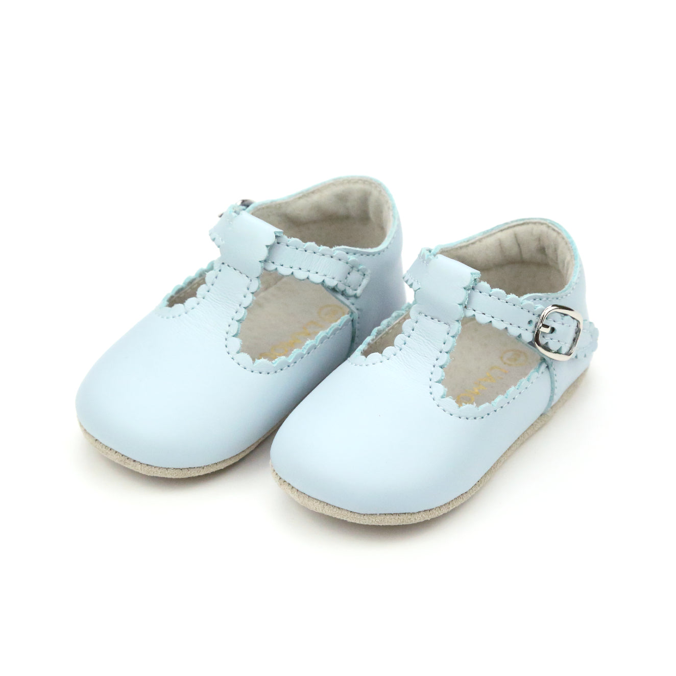 Elodie Girls Scalloped T-Strap Mary Jane Crib Shoe (Infant) | Light Blue