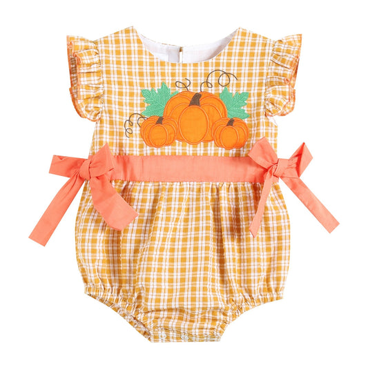 Gingham Pumpkin Ruffle and Bow Bubble Romper | Orange