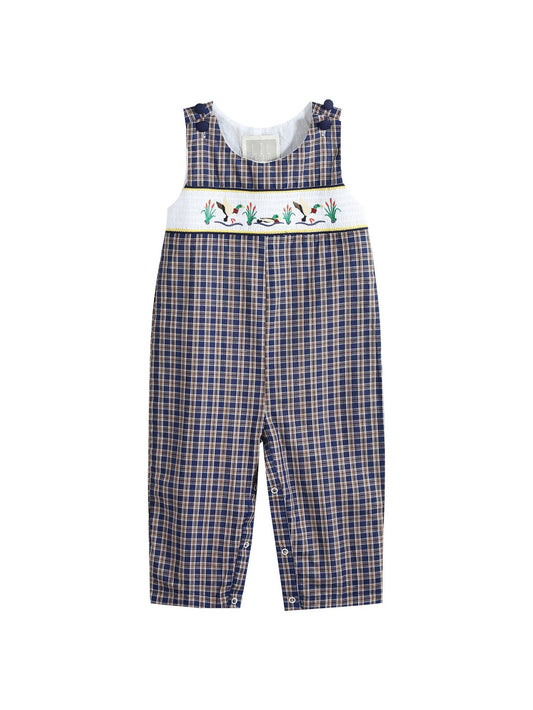 Blue Flannel Plaid Mallard Smocked Overalls