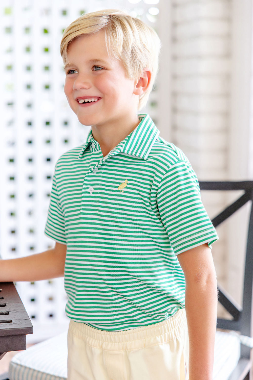 Prim & Proper Polo & Onsie | Kiawah Kelly Green Stripe & Bellport Yellow Stork