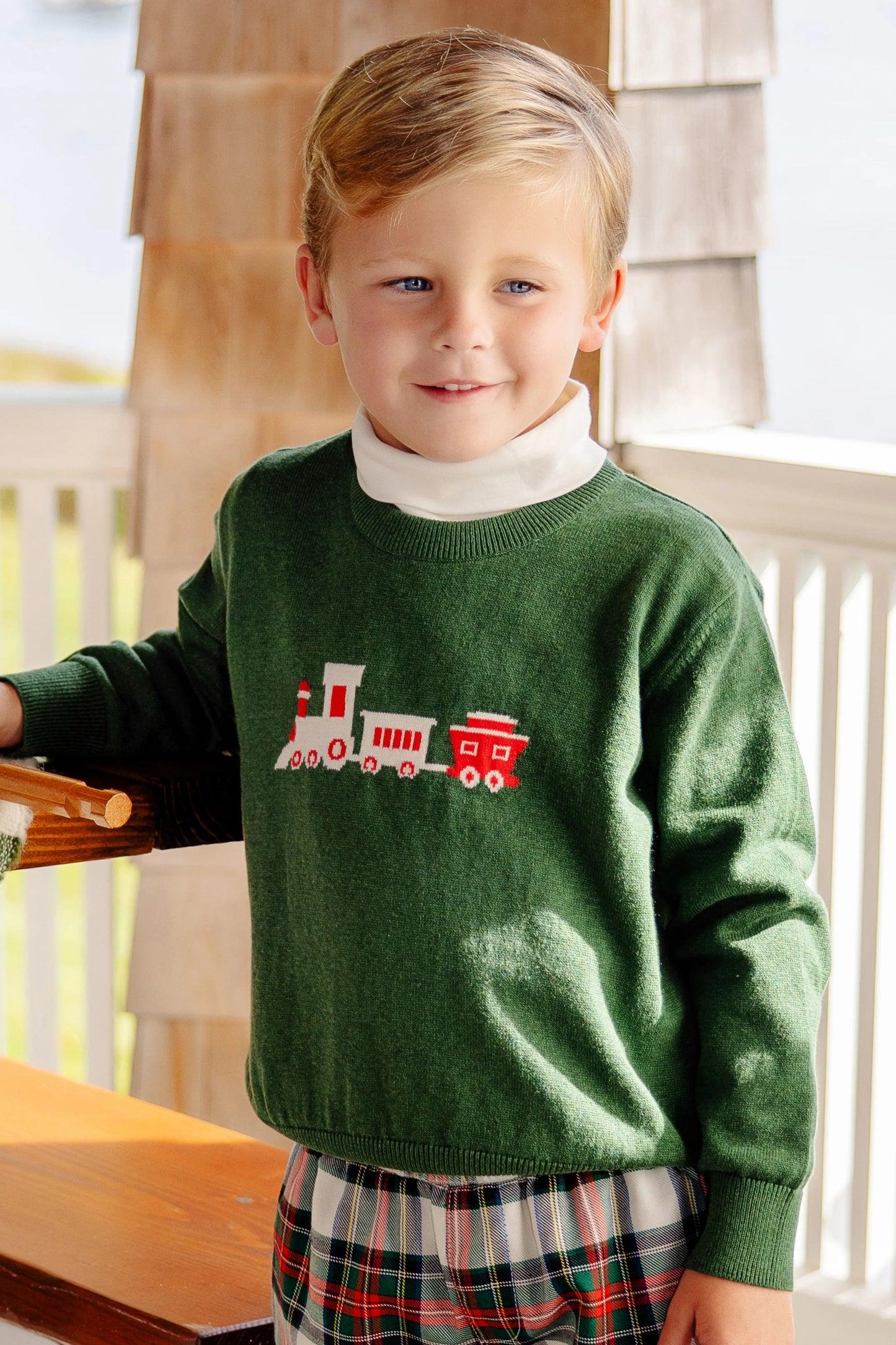 Isaac's Intarsia Sweater | Grier Green with Train Intarsia