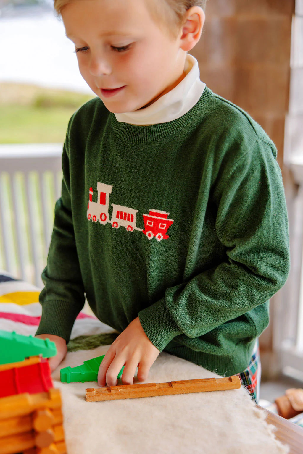 Isaac's Intarsia Sweater | Grier Green with Train Intarsia