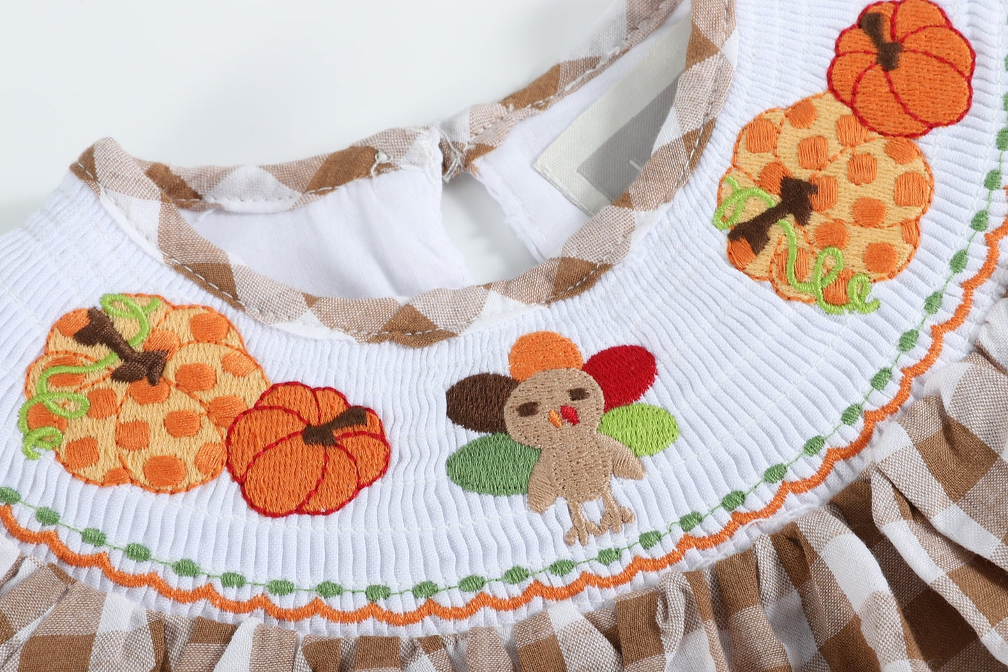 Gingham Pumpkin Turkey Smocked Bishop Dress | Light Brown