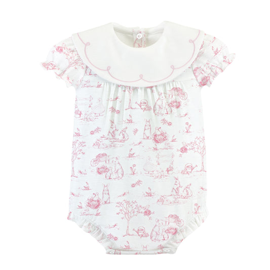 Pink Toile Bunnies Bib Bubble w/Embroidery