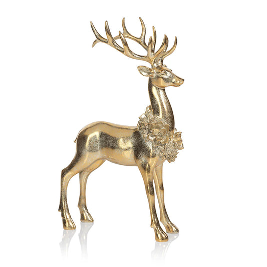 Golden Deer with Floral Wreath | Standing