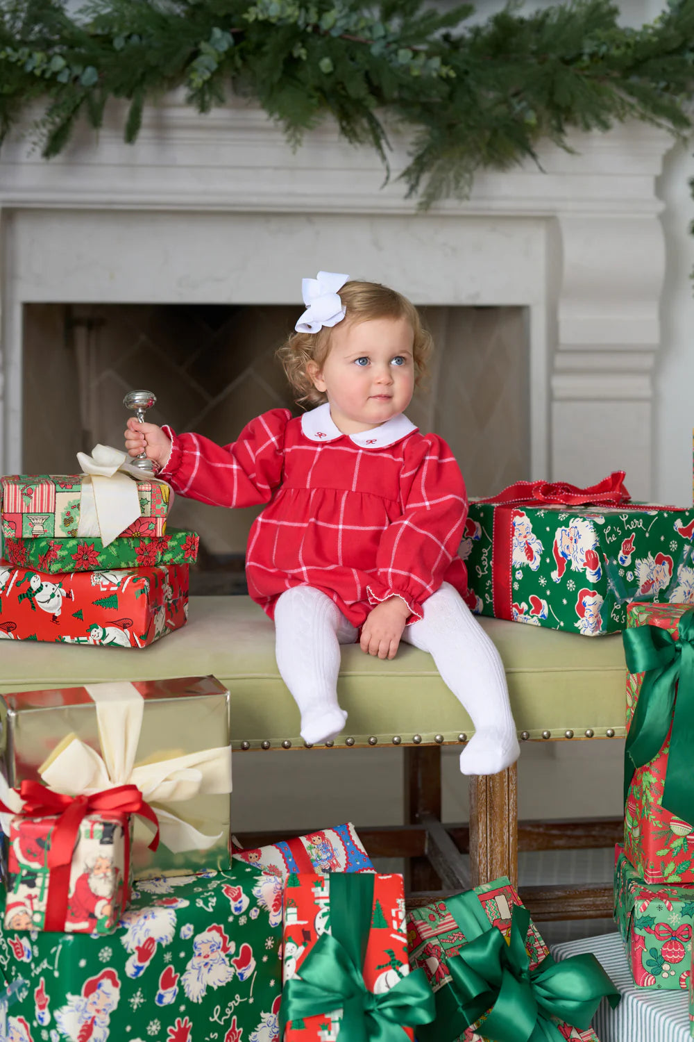 Long Sleeve Britt Bubble | Woodland Avenue Windowpane with Worth Avenue White & Richmond Red Bows