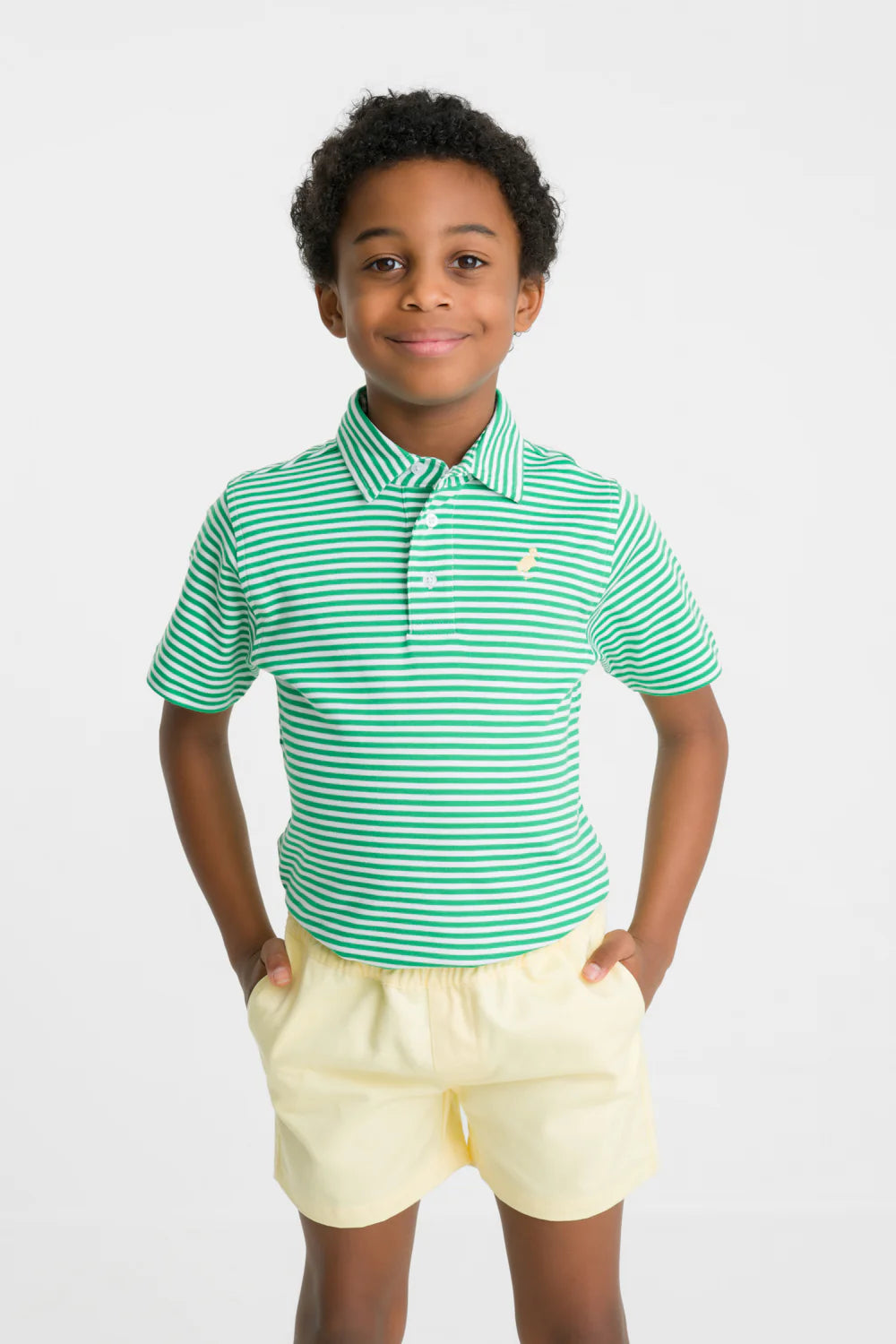 Prim & Proper Polo | Kiawah Kelly Green Stripe with Bellport Butter Yellow Stork