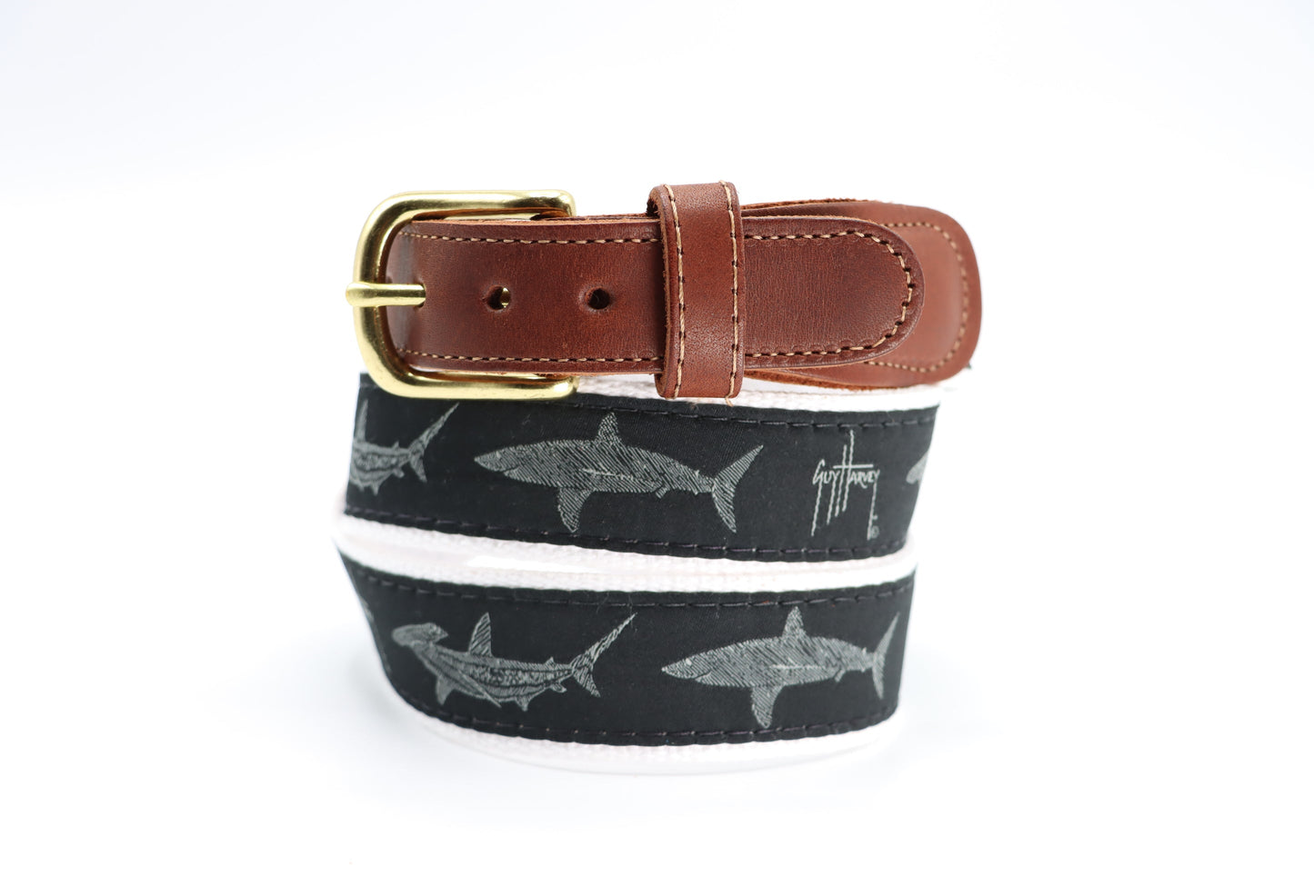 Cotton Web Belt  with Leather Tabs | Guy Harvey Hammerhead & Mako on White