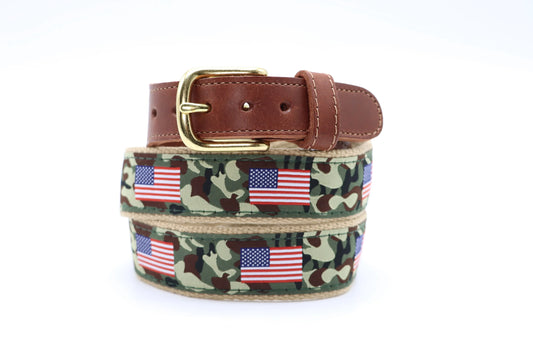 Cotton Web Belt with Leather Tabs | Camo U.S. Flag on Khaki