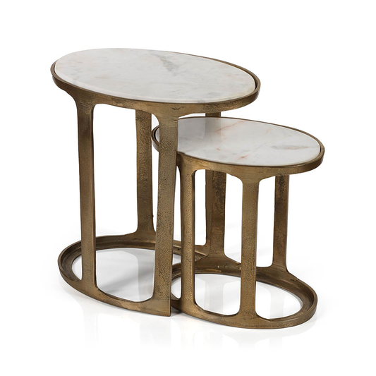 Nikki Oval Marble and Raw Aluminum Nesting Tables | Set of 2