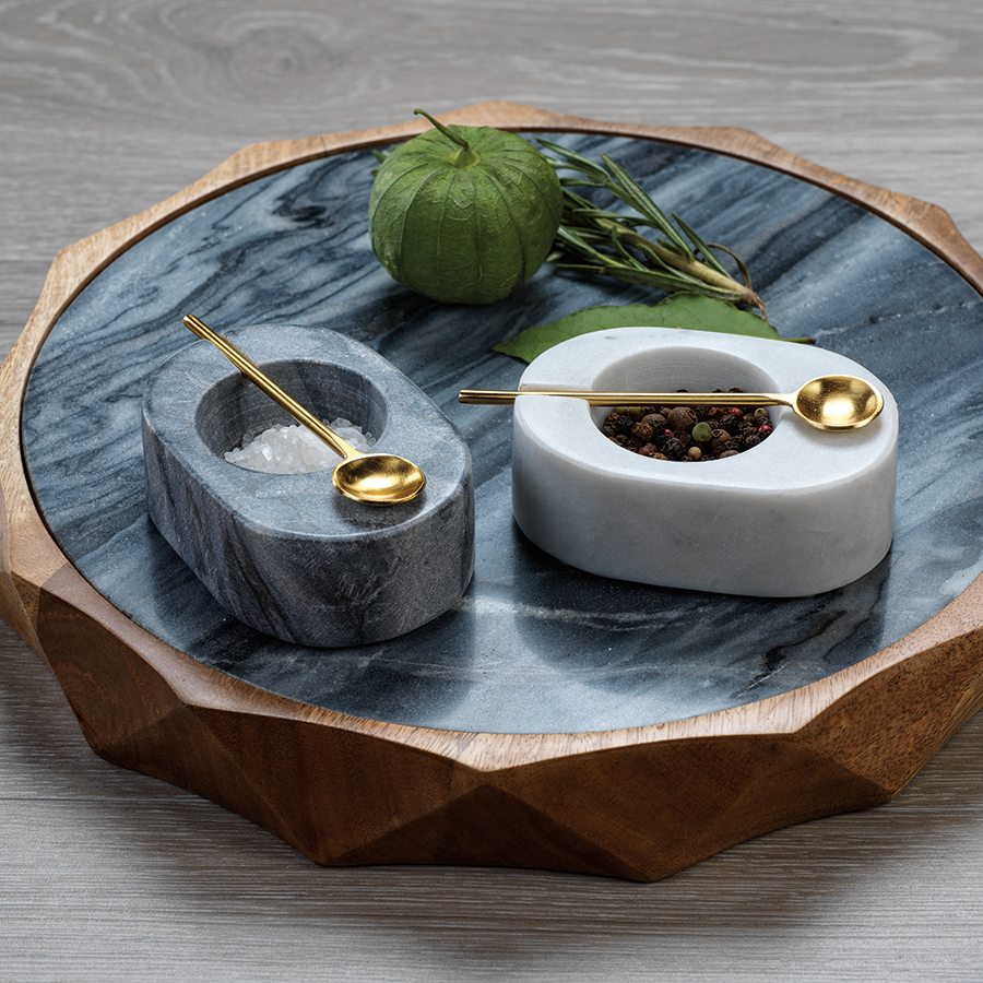 Tuscan Marble Salt and Pepper Bowl with Gold Spoon | Gray