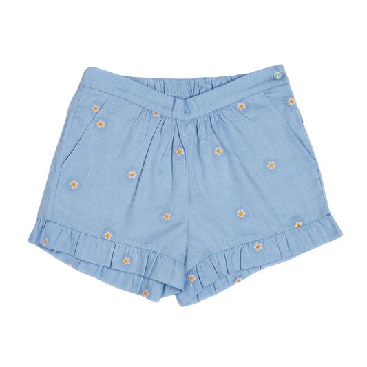 Joseph Ruffle Hem Shorts | Blue Embroidered Cotton Chambray