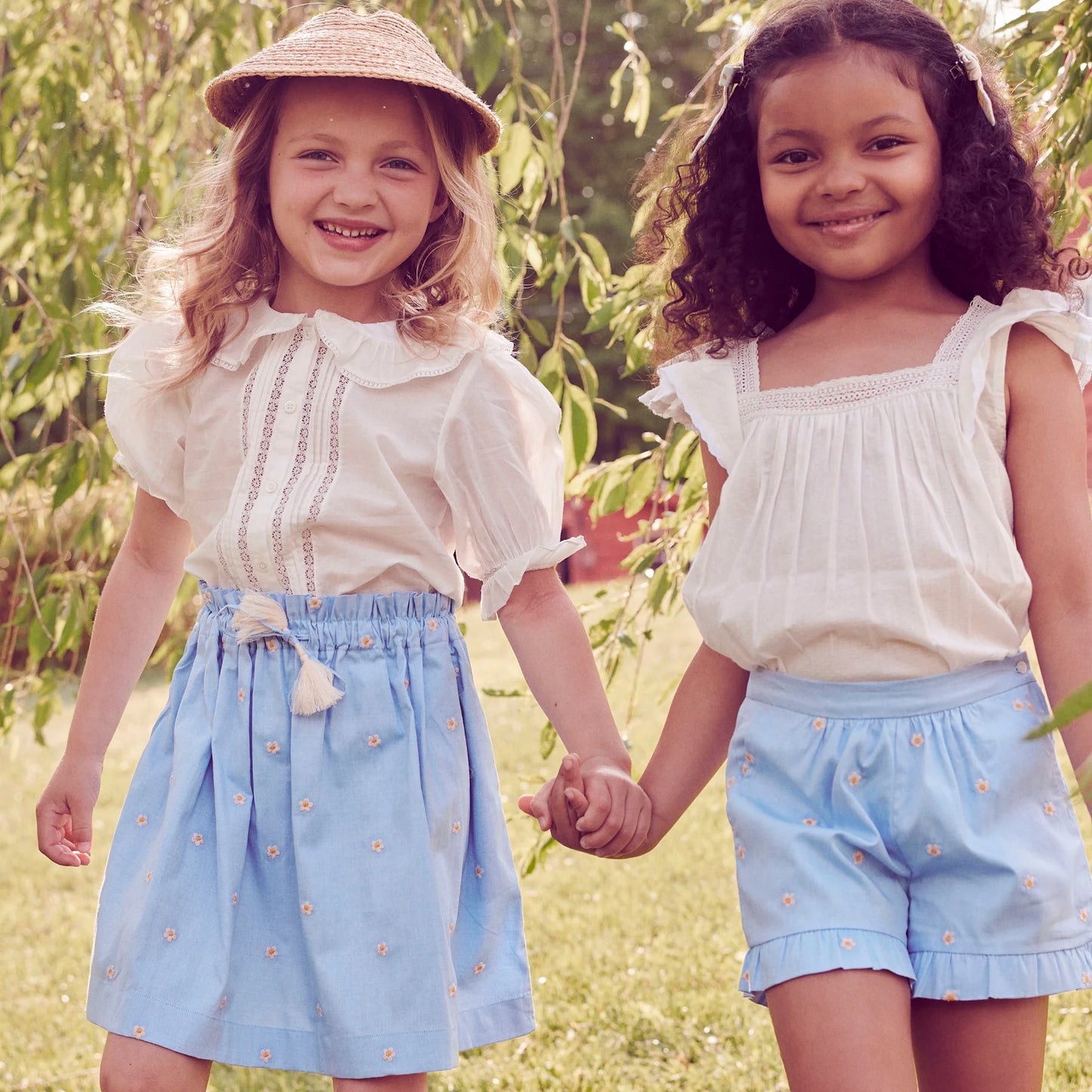 Joseph Ruffle Hem Shorts | Blue Embroidered Cotton Chambray