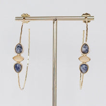 Suede | Gold hammered hoop with blue stones 2.5"