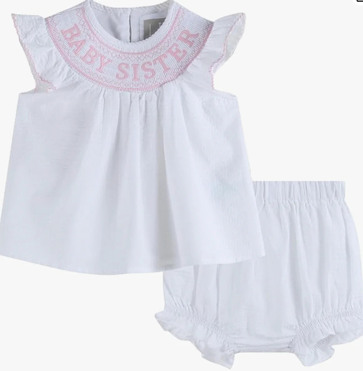 Baby Sister Smocked Dress & Bloomer Set | White