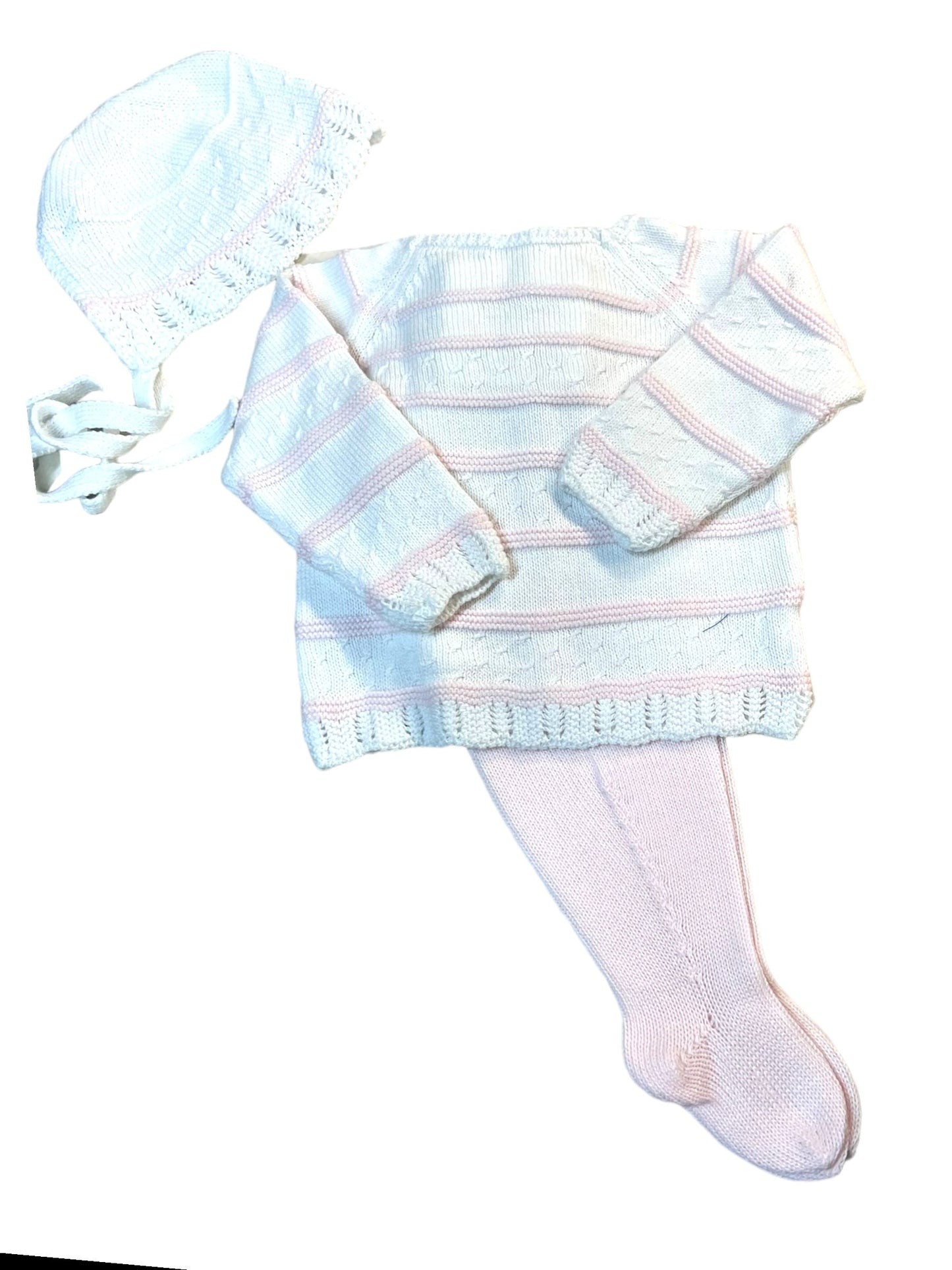 Footed Sweater Knit Set w/Bonnet | White/Pink