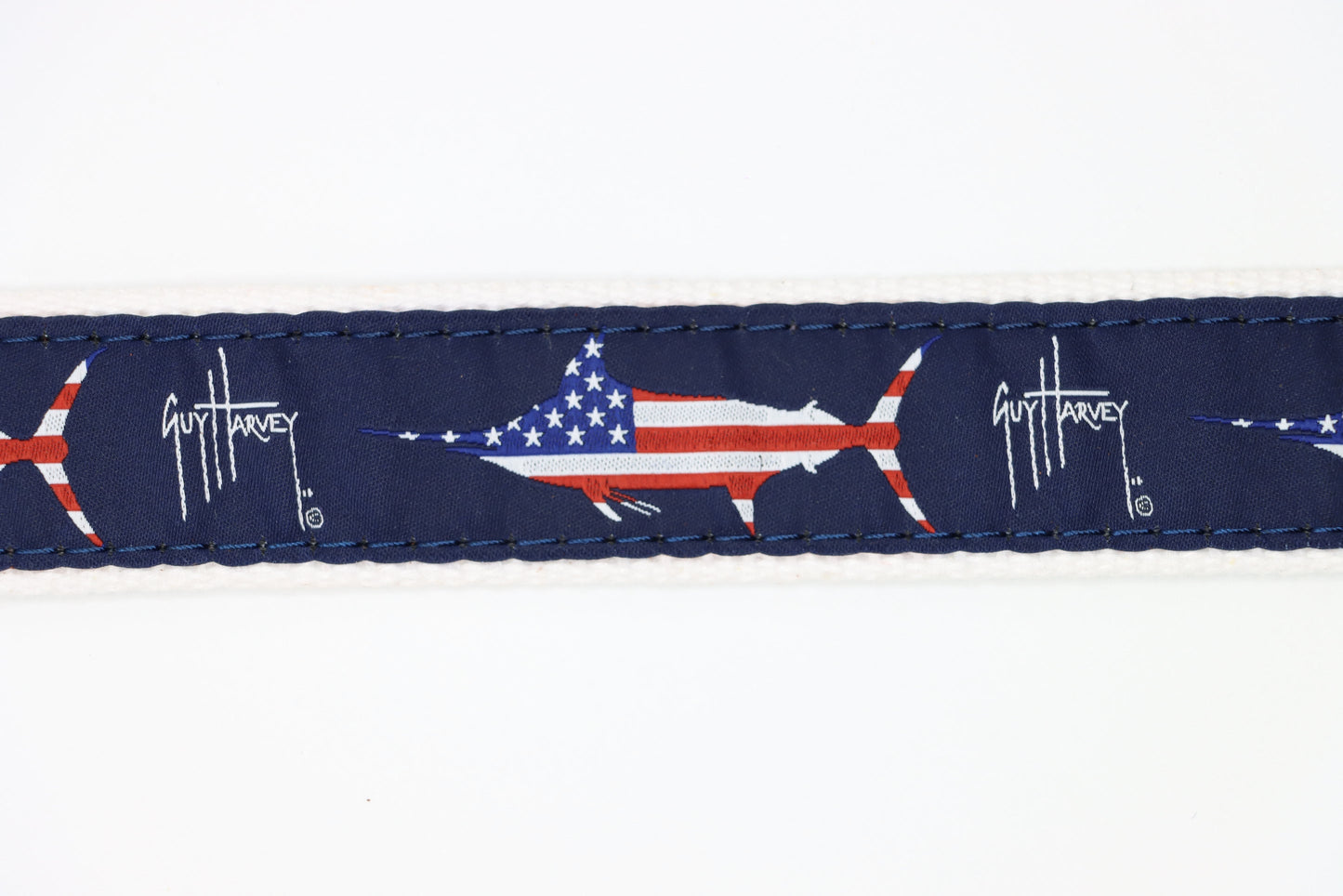 Cotton Web Belt  with Leather Tabs | Guy Harvey USA Marlin on White