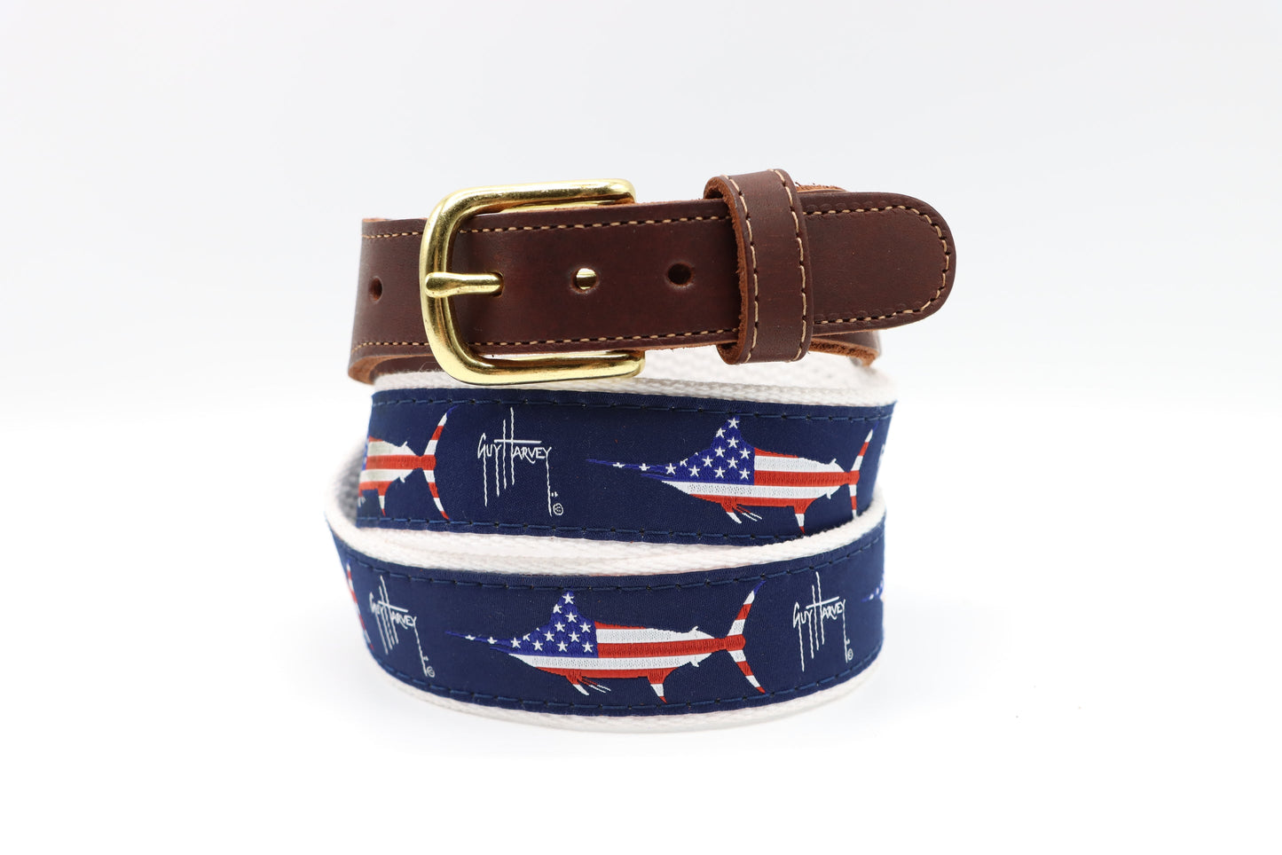 Cotton Web Belt  with Leather Tabs | Guy Harvey USA Marlin on White