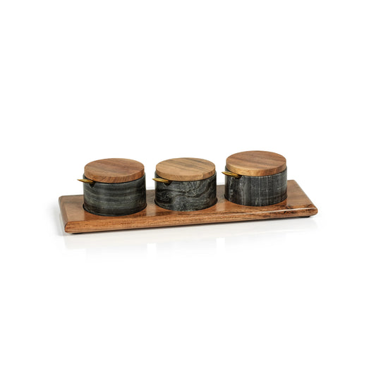 Nairobi Gray Marble and Acacia Wood Condiment Set | Set of 3