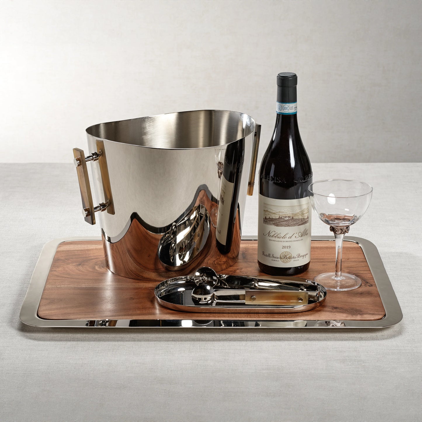 The Berkeley Wine Cooler / Ice Bucket with Horn Handles | Polished Nickel