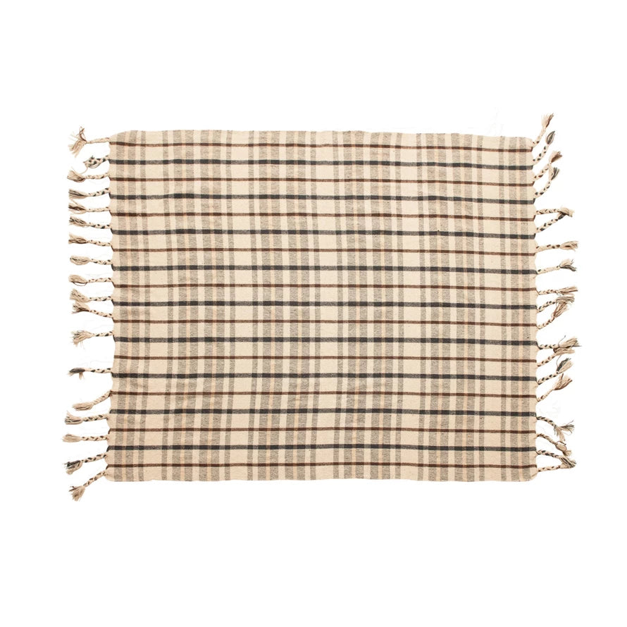 Plaid Throw with Braided Tassels | Charcoal & Brown Plaid