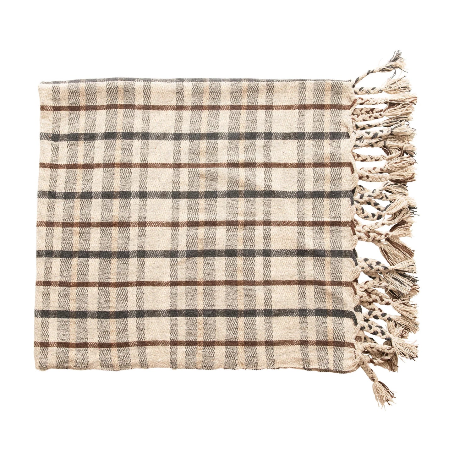 Plaid Throw with Braided Tassels | Charcoal & Brown Plaid