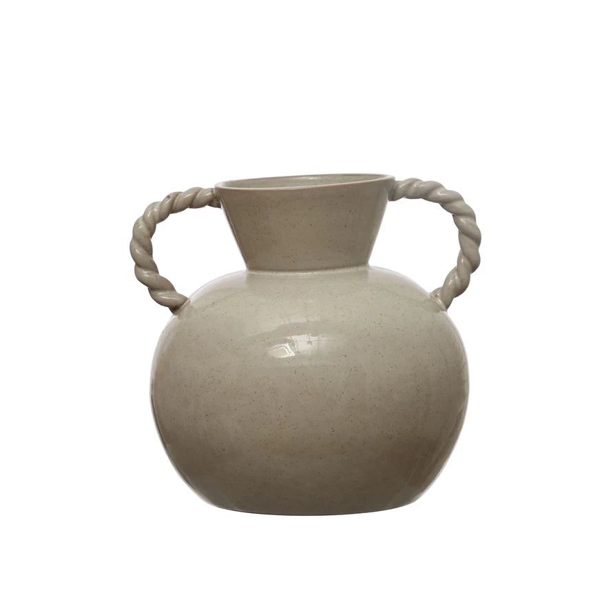 Stoneware Vase w/ Twisted Handles, Reactive Glaze