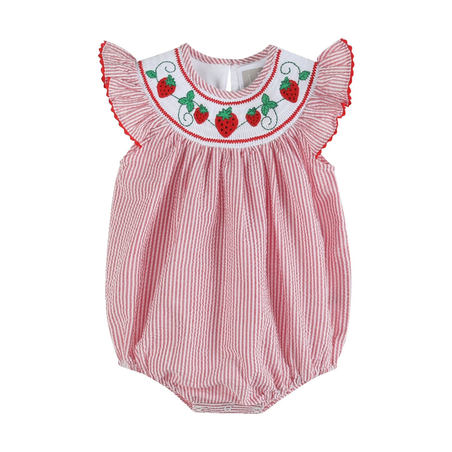 Seersucker Strawberry Smocked Romper