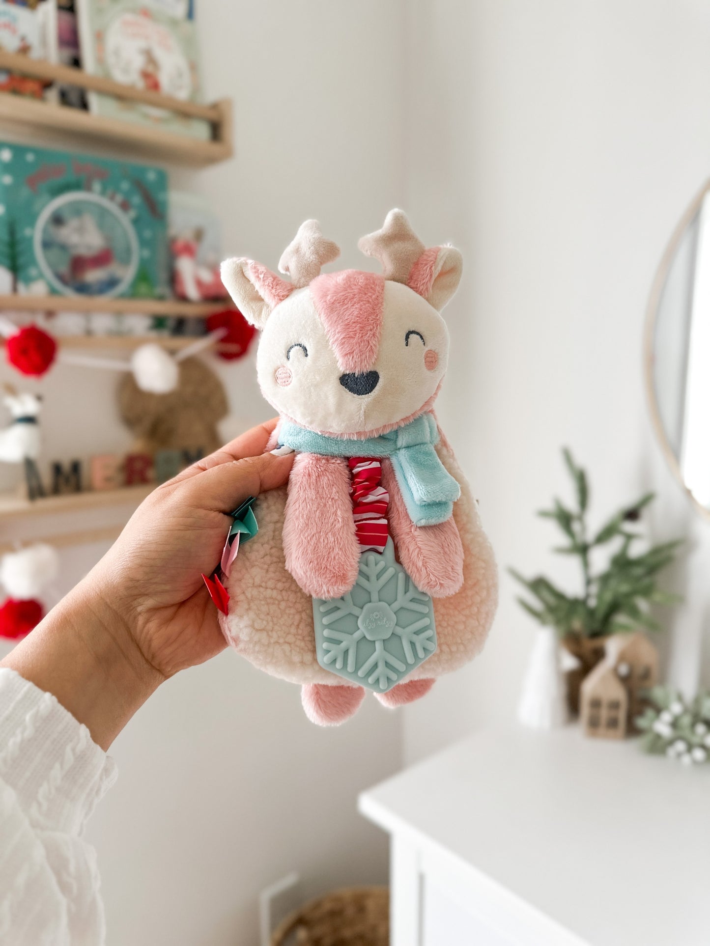 Holiday Itzy Lovey™ Plush + Teether Toy | Pink Reindeer