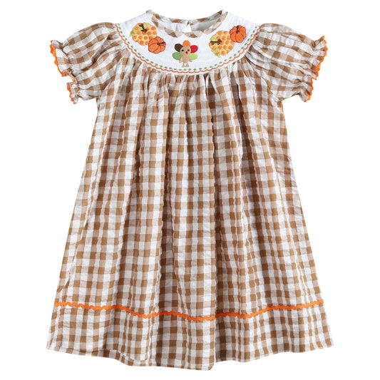 Gingham Pumpkin Turkey Smocked Bishop Dress | Light Brown