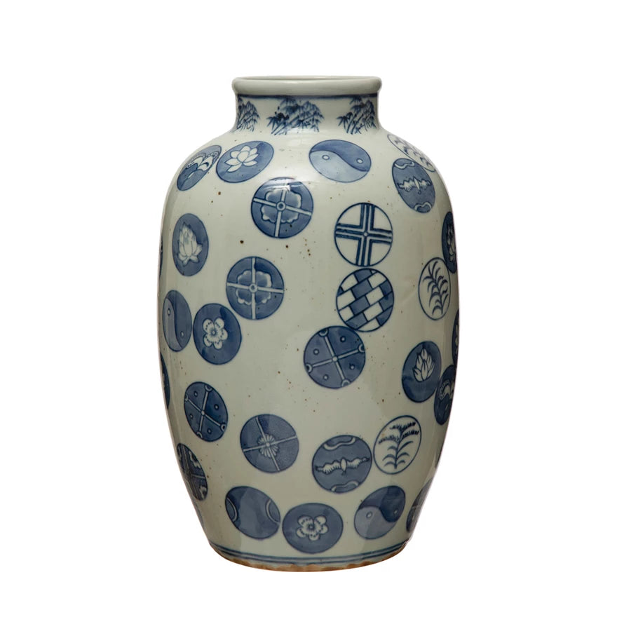 Decorative Hand-Painted Stoneware Vase w/ Pattern, Blue & White