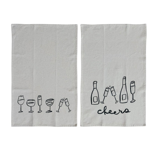 Cotton & Linen Printed Tea Towel w/ Wine Art | 2 Styles