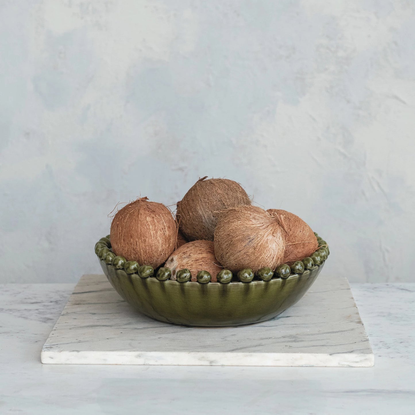 Decorative Handmade Terra-cotta Bowl w/ Hobnail Edge  | Olive