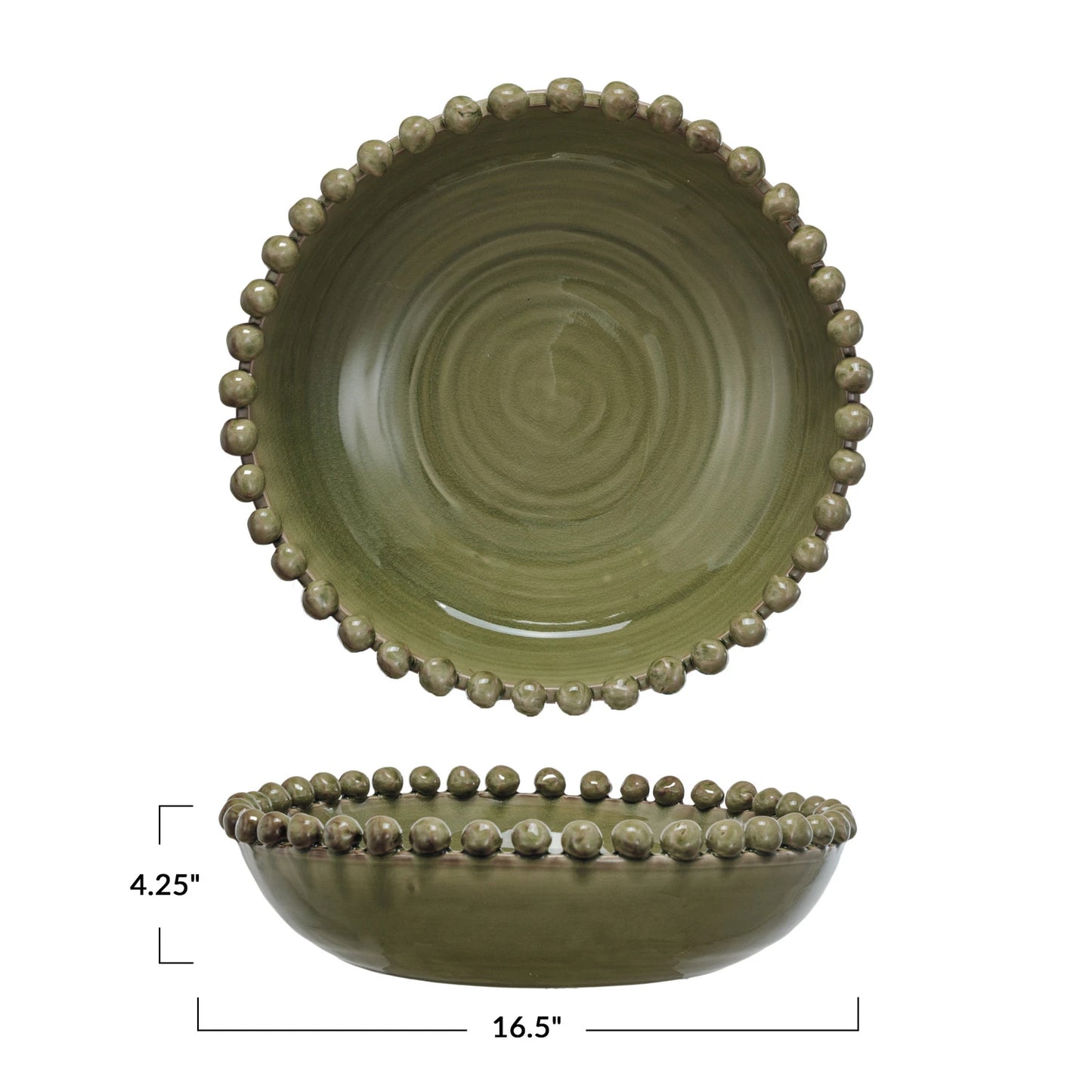 Decorative Handmade Terra-cotta Bowl w/ Hobnail Edge  | Olive