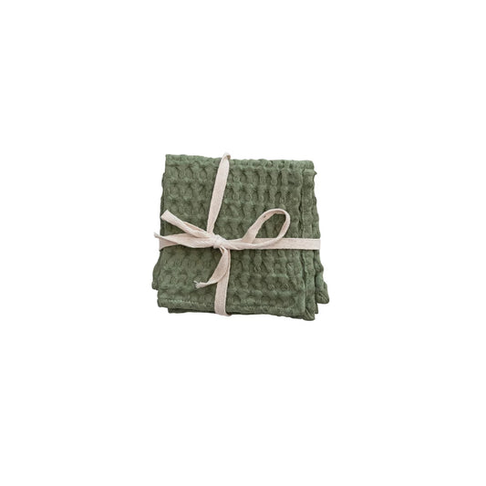 Stonewashed Cotton Waffle Weave Dish Cloths, Green, Set of 3