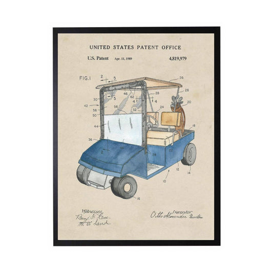 Watercolor Golf Cart Patent | Blue | 18" x 24"