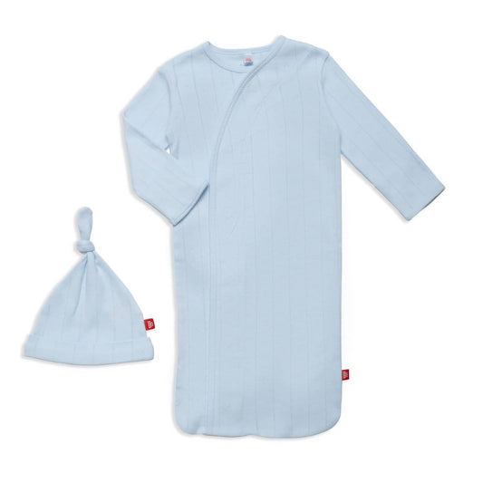 love lines organic cotton pointelle magnetic cozy sleeper gown + hat set | blue