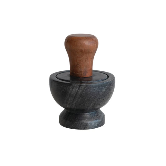 Marble Mortar & Pestle w/ Mango Wood Handle | Black