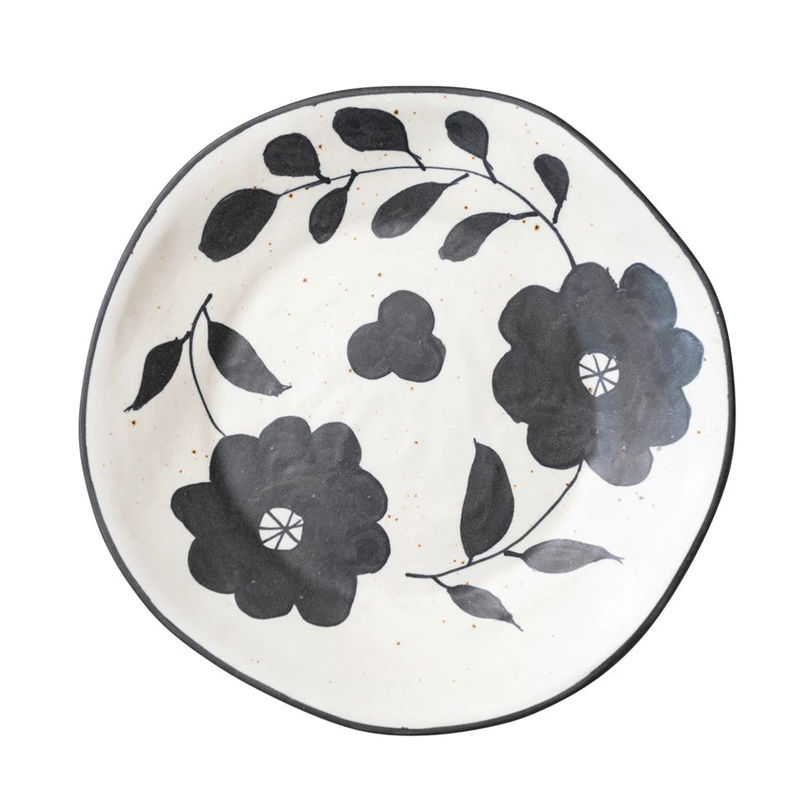 Hand-Painted Stoneware Plate w/ Floral Design | Matte Black & Cream Color Speckled